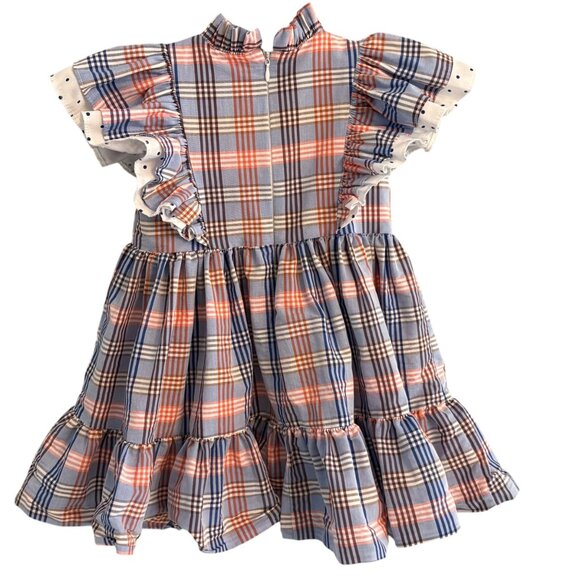 Toddler Girls Plaid Ruffle Spanish Dress With Button Front & Short Sleeves 24 Mo - Picture 2 of 6